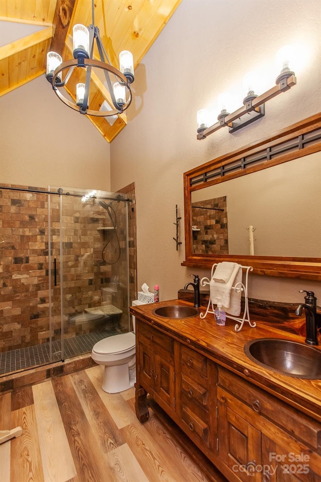 91 Riverview Dr, Robbinsville, NC 28771 - full bath with a chandelier, wood finished floors, a stall shower, toilet, and double vanity