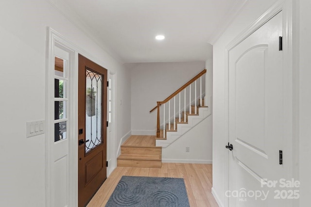 5910 Grosner Pl, Charlotte, NC 28211 - foyer entrance featuring stairway, light wood-type flooring, baseboards, and recessed lighting