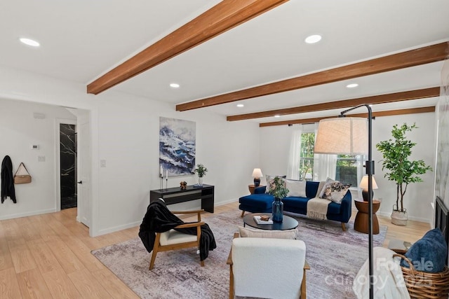 5910 Grosner Pl, Charlotte, NC 28211 - living area featuring light wood-style floors, beamed ceiling, recessed lighting, and baseboards