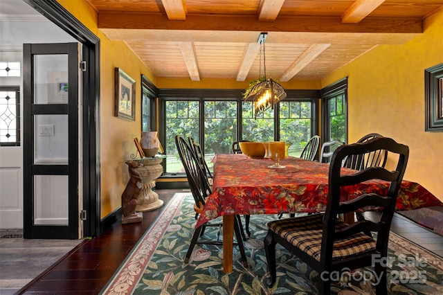 64 Persimmon Hill Dr Unit 4, Columbus, NC 28722 - dining space featuring wood ceiling with exposed beams, wood-type flooring, healthy amount of natural light, a chandelier, and baseboards
