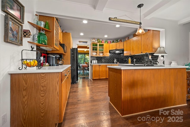 64 Persimmon Hill Dr Unit 4, Columbus, NC 28722 - kitchen with under cabinet range hood, beam ceiling, open shelves, freestanding refrigerator, and a peninsula