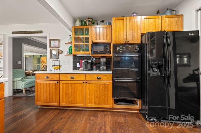 64 Persimmon Hill Dr Unit 4, Columbus, NC 28722 - kitchen with black appliances, light countertops, dark wood-style flooring, tasteful backsplash, and open shelves