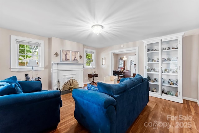 204 S Elm St, Cherryville, NC 28021 - living area with plenty of natural light, wood finished floors, and a fireplace with flush hearth