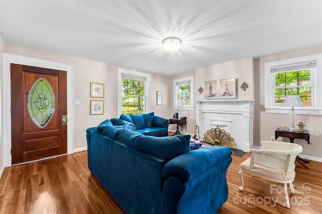 204 S Elm St, Cherryville, NC 28021 - living room featuring wood finished floors, baseboards, and a fireplace with flush hearth