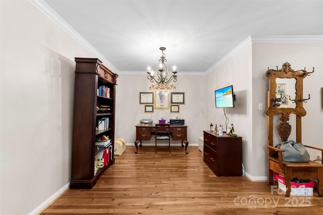 204 S Elm St, Cherryville, NC 28021 - home office with a chandelier, light wood-style floors, crown molding, and baseboards