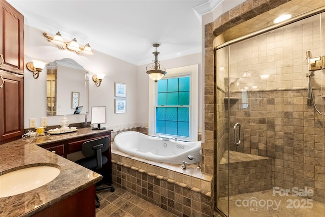 204 S Elm St, Cherryville, NC 28021 - bathroom with a whirlpool tub, a stall shower, vanity, and ornamental molding