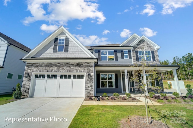 craftsman-style house with stone siding, concrete driveway, a porch, and a garage