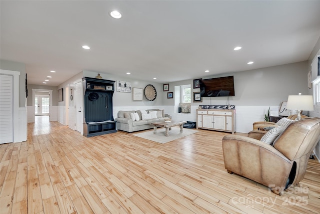 3091 Old Meeting House Rd, Sharon, SC 29742 - living area with a wainscoted wall, light wood-style floors, recessed lighting, and plenty of natural light