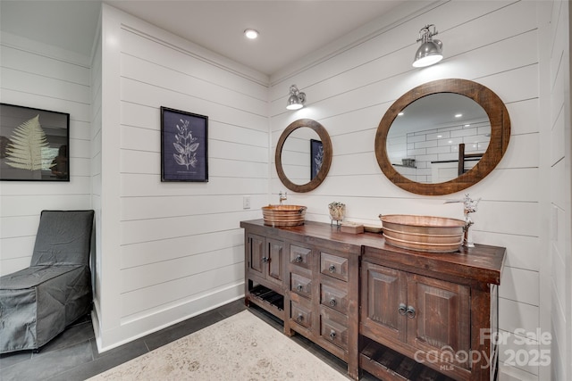 3091 Old Meeting House Rd, Sharon, SC 29742 - bathroom featuring double vanity, wooden walls, recessed lighting, and baseboards