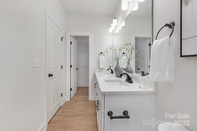 full bathroom featuring wood finished floors, double vanity, and baseboards