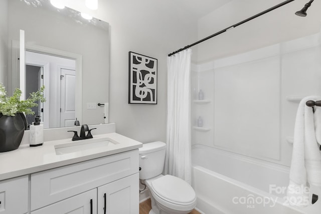 full bathroom featuring toilet, vanity, shower / bathtub combination with curtain, and wood finished floors