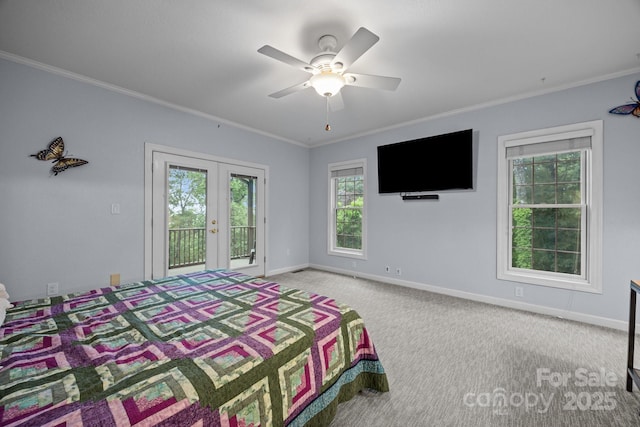 273 Bluebird Rd, Lake Lure, NC 28746 - carpeted bedroom featuring access to outside, french doors, multiple windows, crown molding, and baseboards