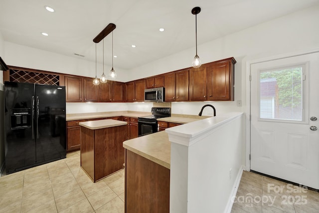 2117 Seabrook Ln, Fort Mill, SC 29715 - kitchen featuring black appliances, light tile patterned floors, light countertops, a center island, and recessed lighting