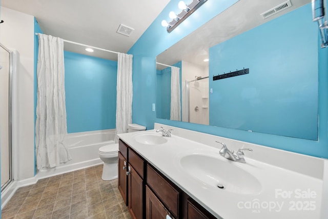 2117 Seabrook Ln, Fort Mill, SC 29715 - bathroom featuring shower / bathtub combination with curtain, toilet, and double vanity