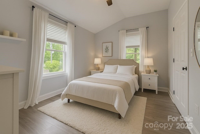 bedroom with lofted ceiling, wood finished floors, baseboards, and ceiling fan