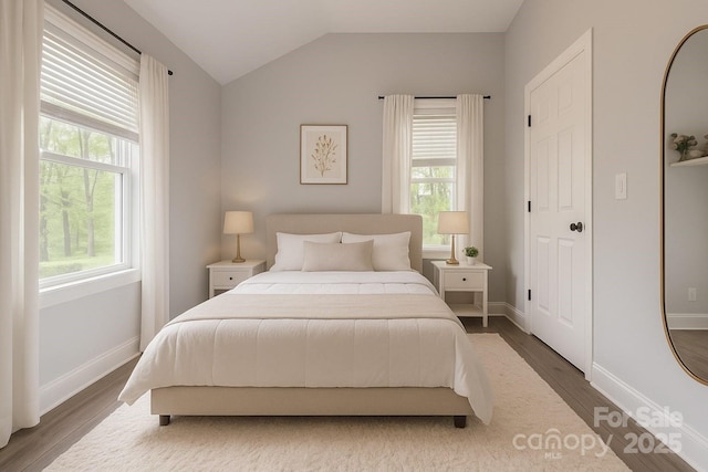 bedroom with wood finished floors, lofted ceiling, and baseboards
