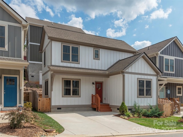 41 Wheeler Rd, Weaverville, NC 28787 - view of front of home with crawl space, a shingled roof, fence, and board and batten siding