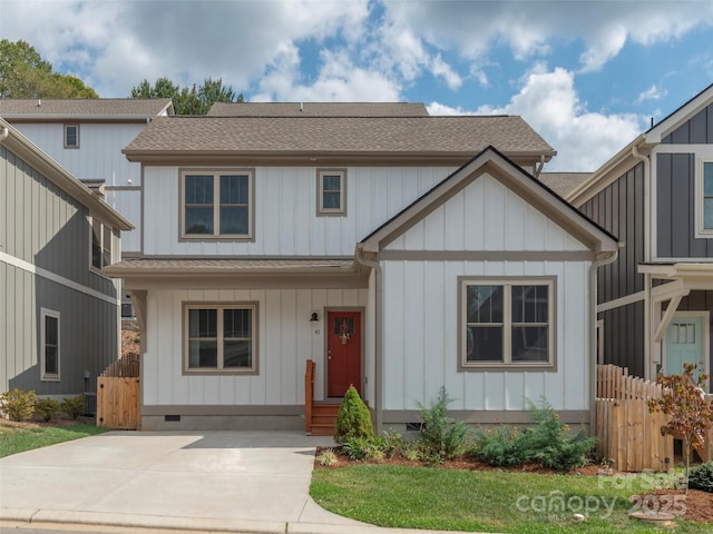 41 Wheeler Rd, Weaverville, NC 28787 - view of front of house with fence, a shingled roof, entry steps, crawl space, and board and batten siding
