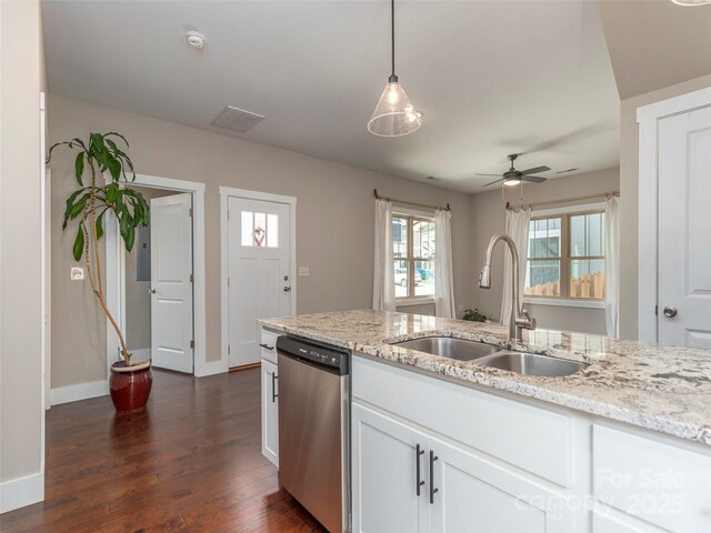 41 Wheeler Rd, Weaverville, NC 28787 - kitchen with stainless steel dishwasher, a sink, a ceiling fan, dark wood-type flooring, and white cabinets