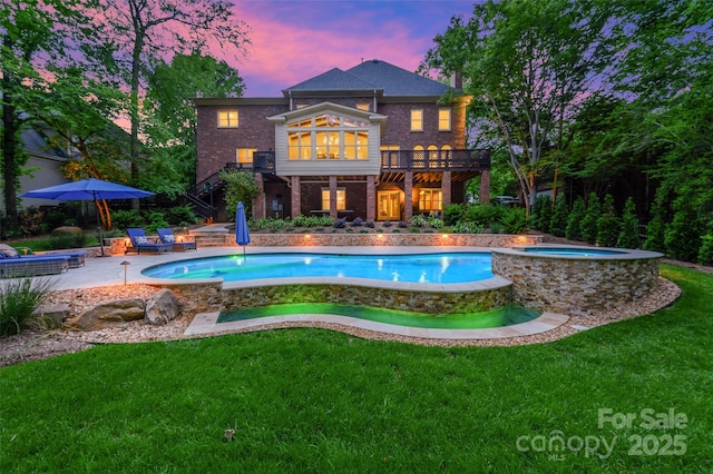 7812 Seton House Ln, Charlotte, NC 28277 - back of house with brick siding, a lawn, a patio, stairs, and a wooden deck