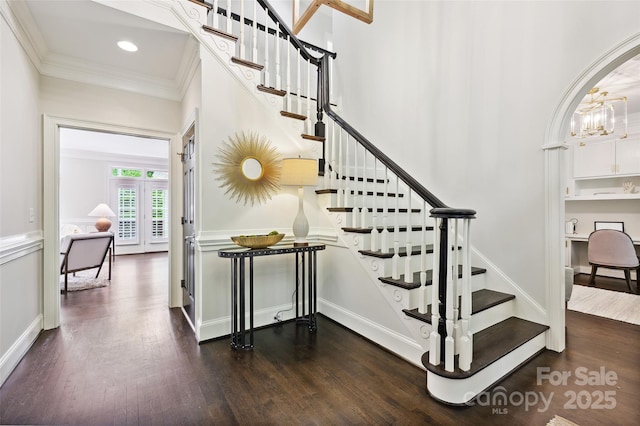 7812 Seton House Ln, Charlotte, NC 28277 - stairs featuring wood finished floors, ornamental molding, baseboards, a chandelier, and recessed lighting