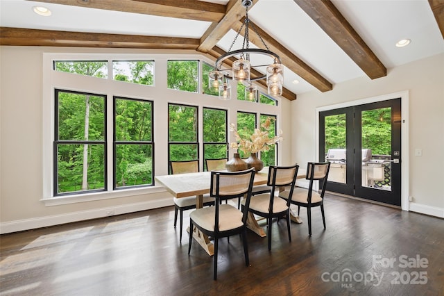 7812 Seton House Ln, Charlotte, NC 28277 - dining space with a chandelier, baseboards, dark wood-type flooring, french doors, and recessed lighting