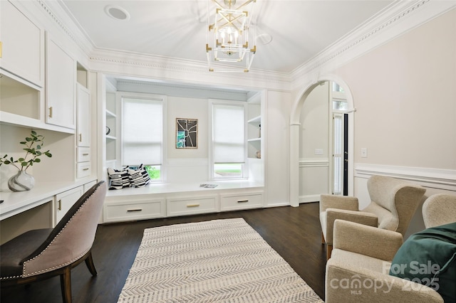 7812 Seton House Ln, Charlotte, NC 28277 - office space with ornamental molding, dark wood-type flooring, a chandelier, and built in shelves