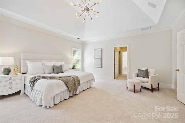 7812 Seton House Ln, Charlotte, NC 28277 - bedroom featuring crown molding, a chandelier, light colored carpet, baseboards, and vaulted ceiling