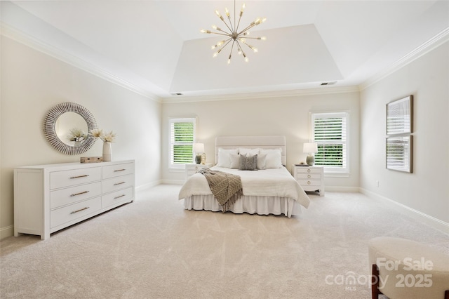 7812 Seton House Ln, Charlotte, NC 28277 - bedroom with carpet flooring, a chandelier, ornamental molding, and a tray ceiling