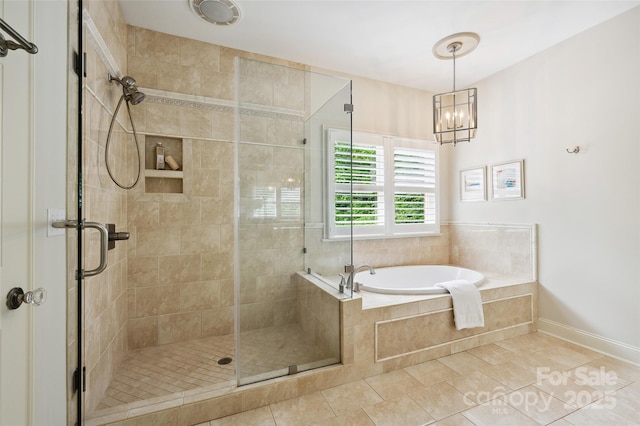 7812 Seton House Ln, Charlotte, NC 28277 - full bathroom featuring a stall shower, a bath, tile patterned floors, and baseboards