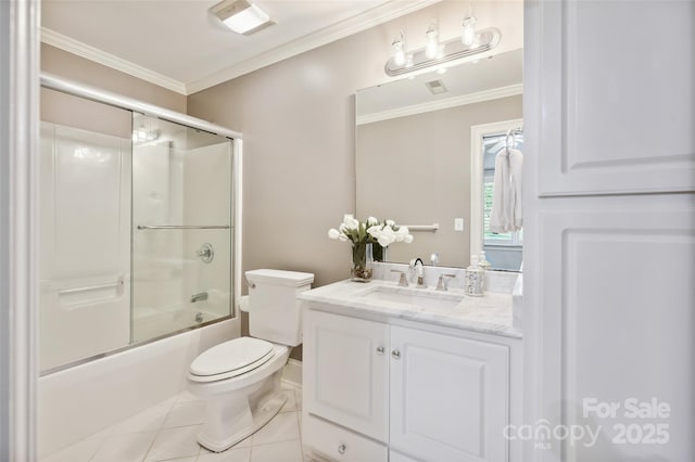 7812 Seton House Ln, Charlotte, NC 28277 - bathroom featuring ornamental molding, toilet, tile patterned floors, bath / shower combo with glass door, and vanity