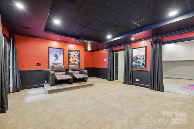 7812 Seton House Ln, Charlotte, NC 28277 - cinema room featuring carpet flooring, a raised ceiling, and a wainscoted wall