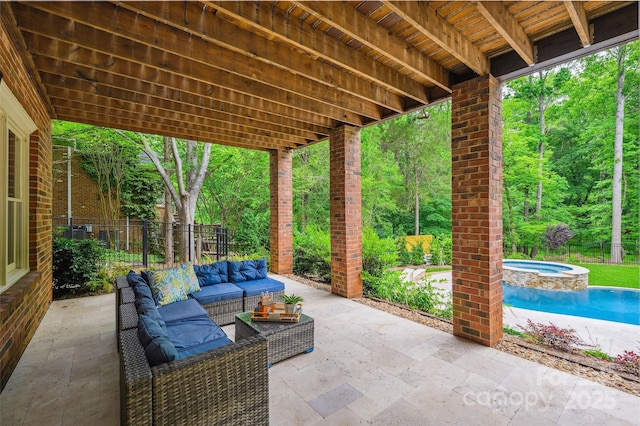 7812 Seton House Ln, Charlotte, NC 28277 - view of patio featuring an outdoor hangout area, fence, and a pool with connected hot tub