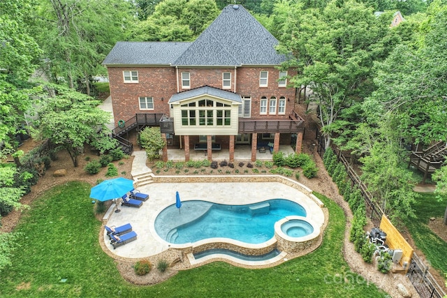 7812 Seton House Ln, Charlotte, NC 28277 - rear view of house with a patio, stairs, roof with shingles, and brick siding