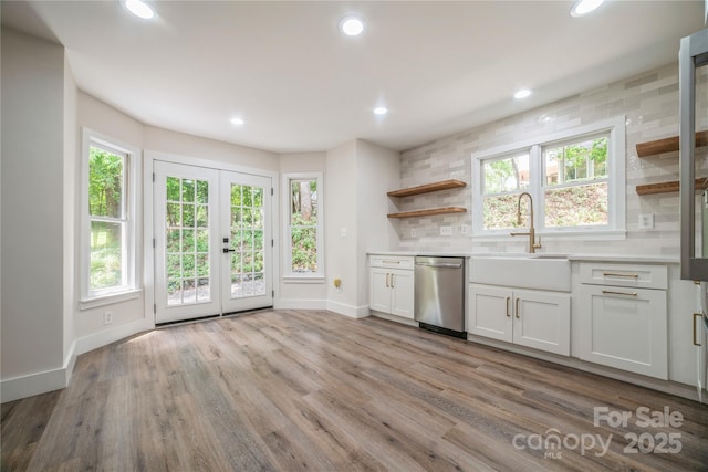 26056 Neptunes Lndg, Fort Mill, SC 29708 - kitchen featuring stainless steel dishwasher, open shelves, baseboards, white cabinets, and recessed lighting