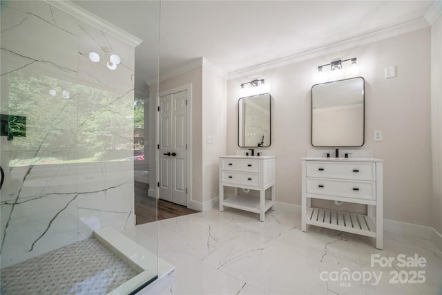 26056 Neptunes Lndg, Fort Mill, SC 29708 - full bathroom featuring baseboards, ornamental molding, marble tiled flooring, and two vanities