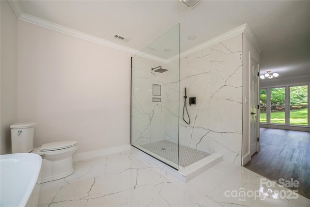26056 Neptunes Lndg, Fort Mill, SC 29708 - bathroom featuring toilet, a marble finish shower, crown molding, marble finish flooring, and a tub to relax in