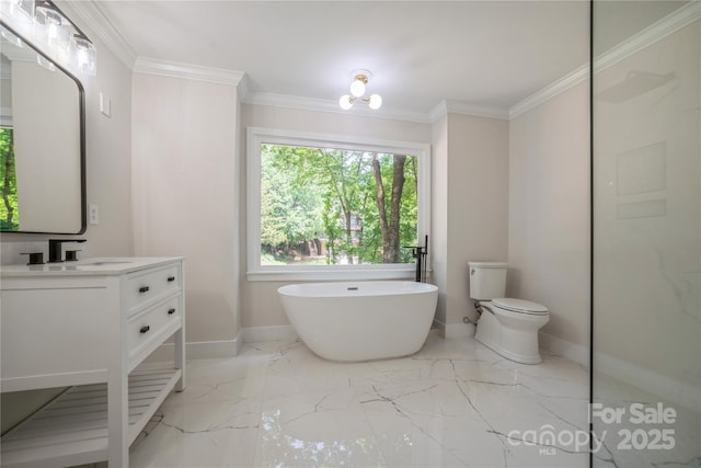 26056 Neptunes Lndg, Fort Mill, SC 29708 - bathroom featuring baseboards, a soaking tub, vanity, crown molding, and marble tiled flooring