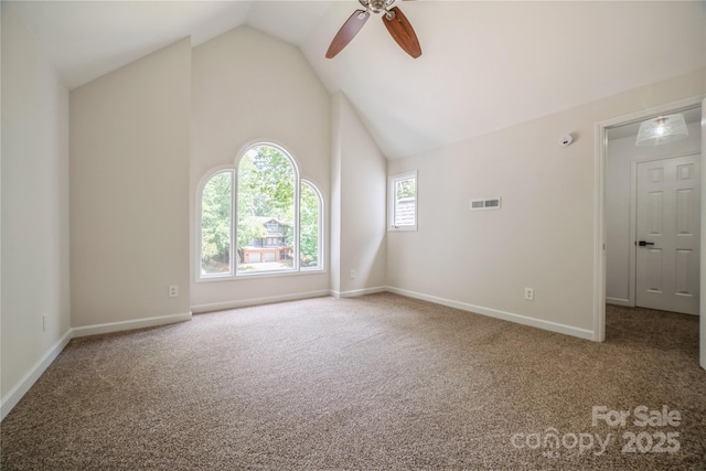 26056 Neptunes Lndg, Fort Mill, SC 29708 - carpeted empty room featuring ceiling fan, baseboards, and high vaulted ceiling