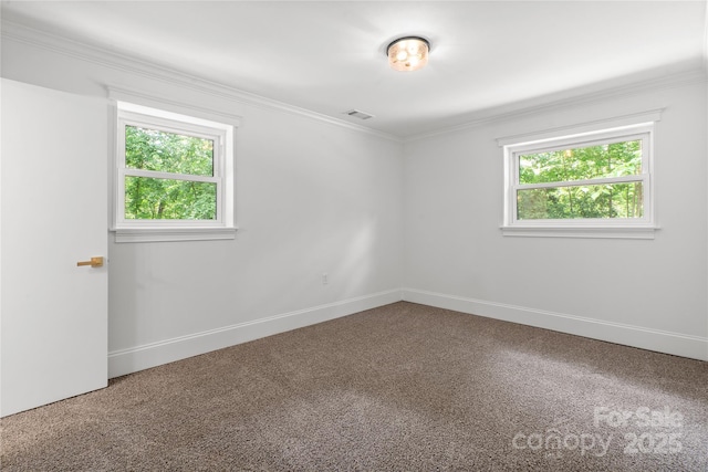 carpeted spare room with crown molding and baseboards