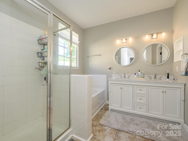 14336 Northridge Dr, Charlotte, NC 28269 - full bath featuring a stall shower, a garden tub, double vanity, and tile patterned flooring