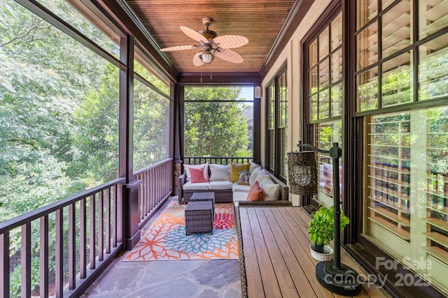 8534 Highgrove St, Charlotte, NC 28277 - sunroom featuring a ceiling fan and outdoor lounge area