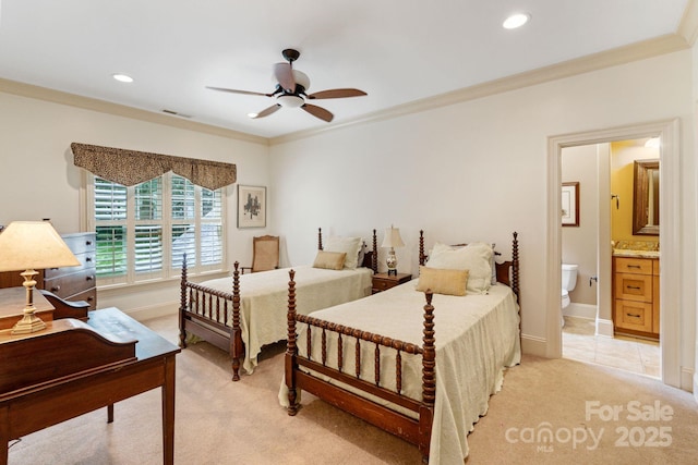 8534 Highgrove St, Charlotte, NC 28277 - bedroom with light colored carpet, crown molding, recessed lighting, baseboards, and ensuite bath
