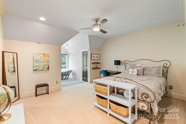 8534 Highgrove St, Charlotte, NC 28277 - bedroom with light colored carpet, baseboards, lofted ceiling, and a ceiling fan