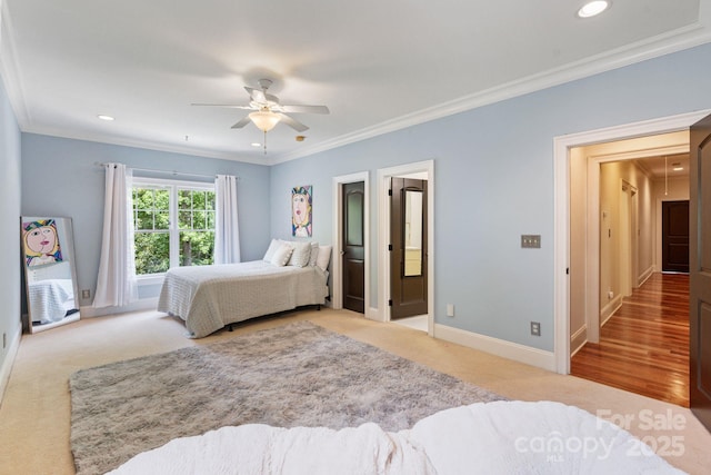 8534 Highgrove St, Charlotte, NC 28277 - bedroom featuring carpet, crown molding, baseboards, recessed lighting, and a ceiling fan