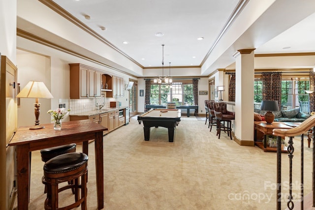 8534 Highgrove St, Charlotte, NC 28277 - rec room with light colored carpet, billiards table, ornamental molding, baseboards, and a sink