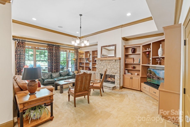 8534 Highgrove St, Charlotte, NC 28277 - office with ornamental molding, a fireplace, light carpet, and recessed lighting