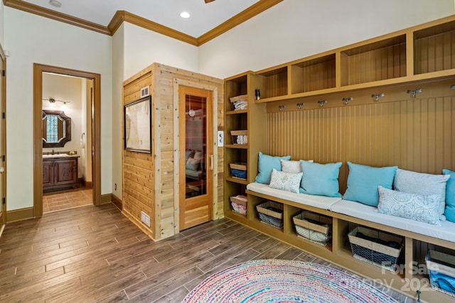 8534 Highgrove St, Charlotte, NC 28277 - mudroom featuring ornamental molding, dark wood-type flooring, and baseboards