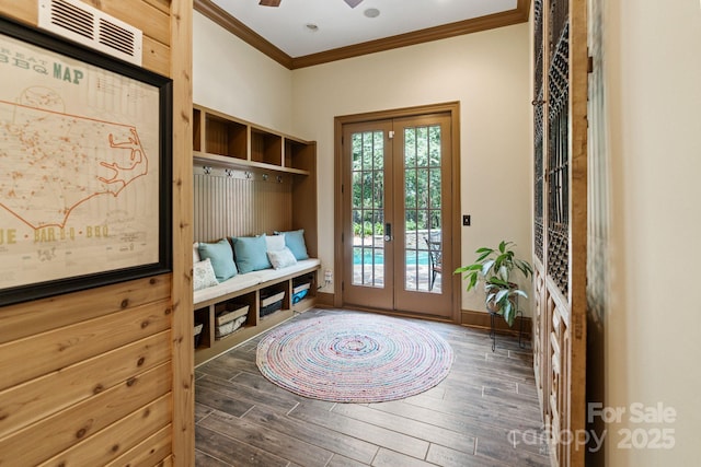 8534 Highgrove St, Charlotte, NC 28277 - mudroom with french doors, crown molding, wood finished floors, and a ceiling fan