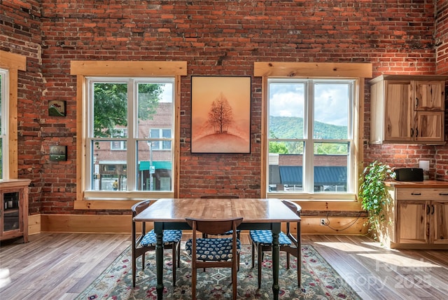 14 N Main St Unit 1 & 2, Waynesville, NC 28786 - dining space featuring light wood-style flooring, brick wall, healthy amount of natural light, and baseboards